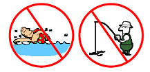 Warning notices: no swimming, no fishing